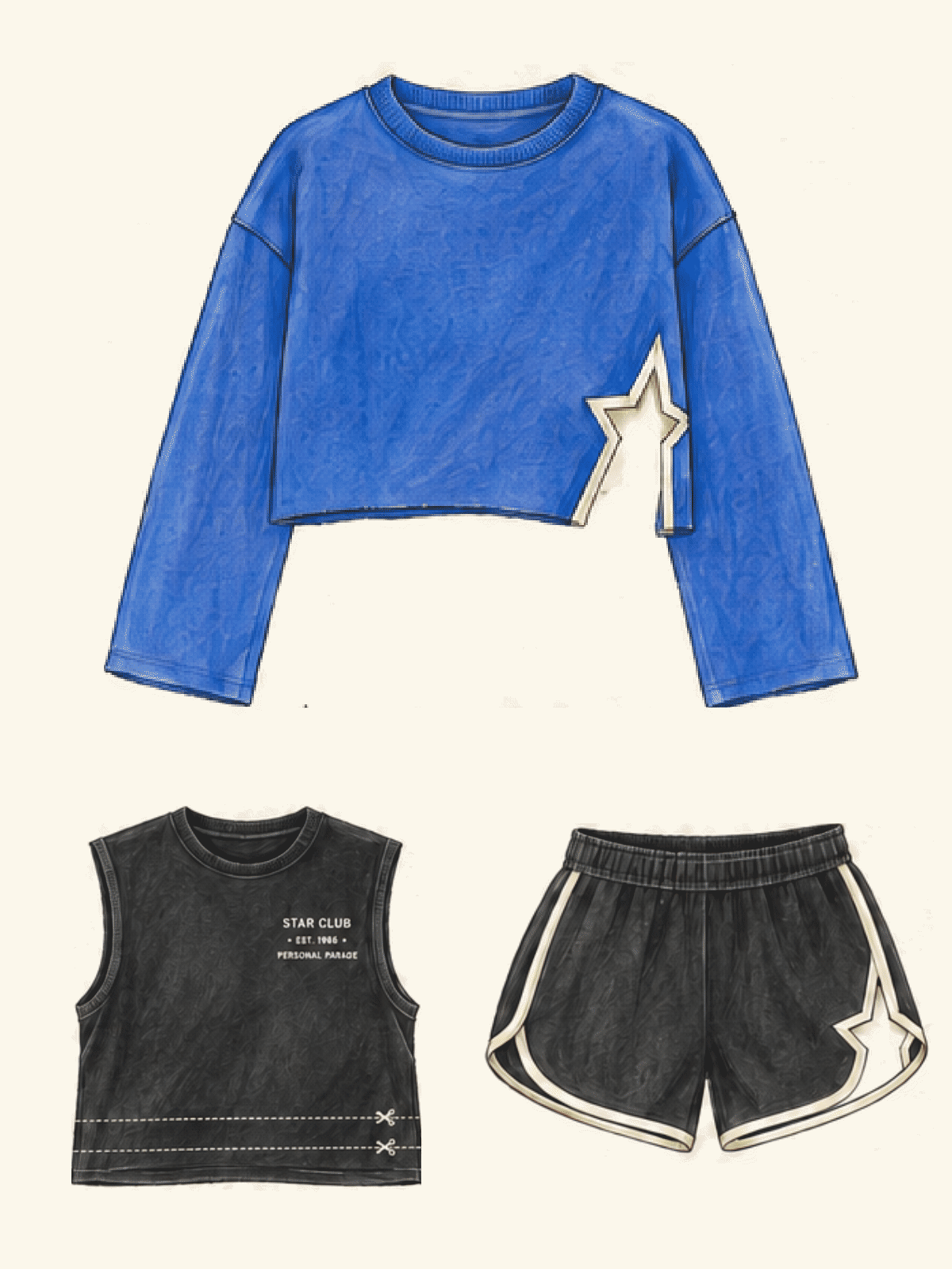 ★ Star Club Set — exact website background #FBF7EB; Blue sweatshirt and Black Self Cut Shirt first